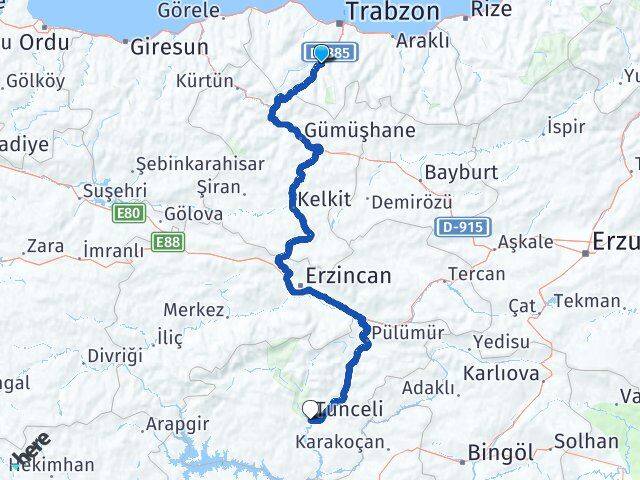 Trabzon Maçka Tunceli Arası Kaç Km - Yol Haritası