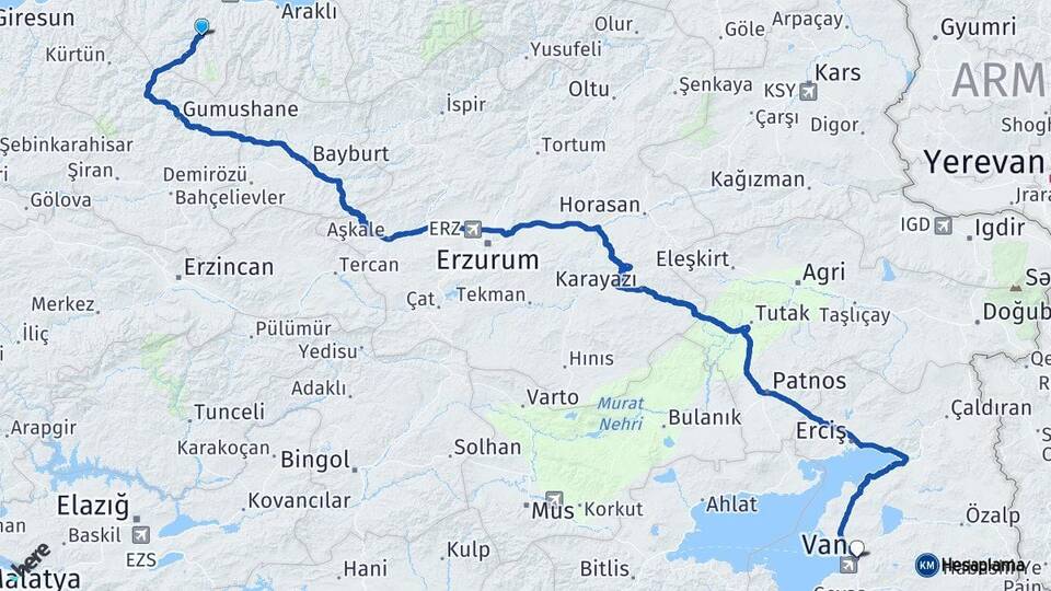 Trabzon Maçka Van Arası Kaç Km - Yol Haritası