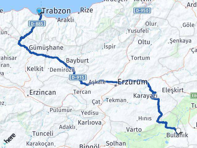 Trabzon Malazgirt Muş Arası Kaç Km - Yol Haritası