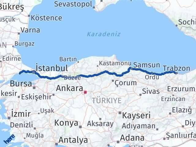 Trabzon Marmaraereğlisi Tekirdağ Arası Kaç Km - Yol Haritası