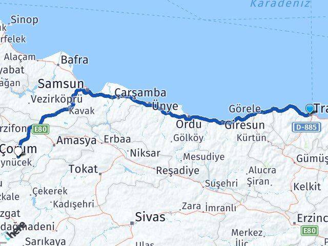 Trabzon Mecitözü Çorum Arası Kaç Km - Yol Haritası