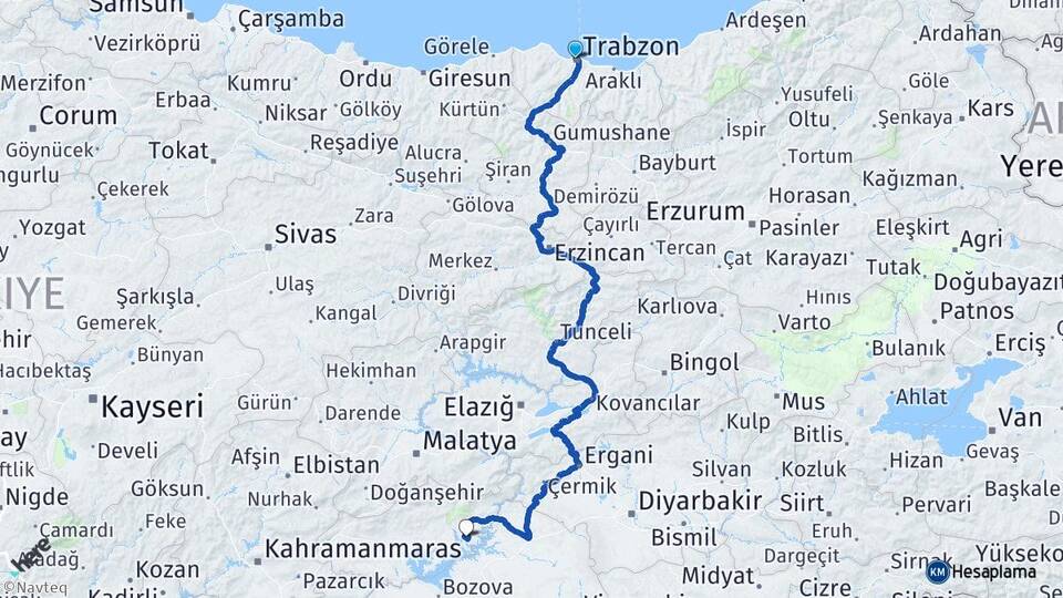 Trabzon Menzil Kahta Adıyaman Arası Kaç Km - Yol Haritası
