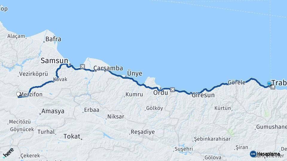 Trabzon Merzifon Amasya Arası Kaç Km - Yol Haritası