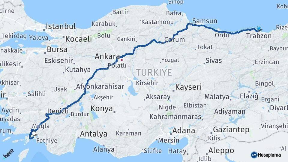 Trabzon Muğla Arası Kaç Km - Yol Haritası