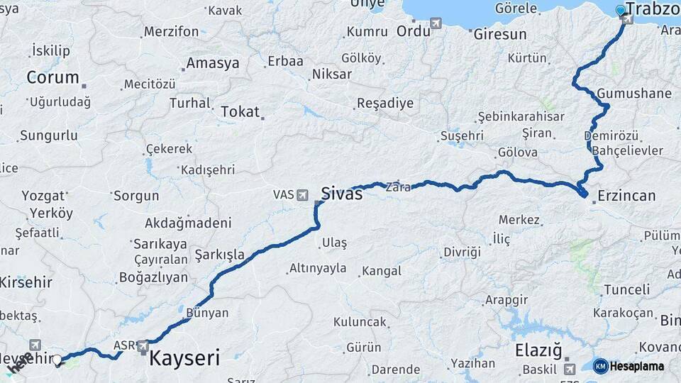 Trabzon Nevşehir Arası Kaç Km - Yol Haritası