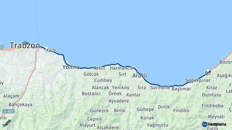 Trabzon Of Arası Kaç Km - Yol Haritası