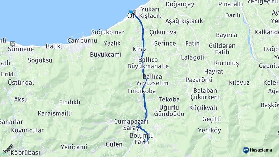 Trabzon Of Bölümlü Of Arası Kaç Km - Yol Haritası