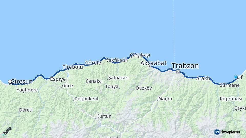Of Giresun Arası Kaç Km - Yol Tarifi