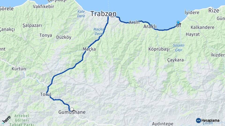 Trabzon Of Gümüşhane Arası Kaç Km - Yol Haritası