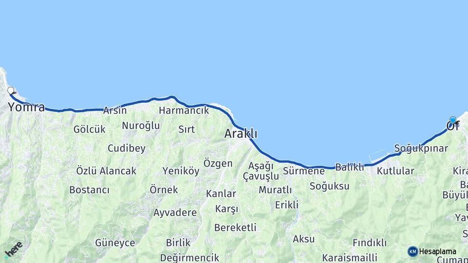 Trabzon Of Kaşüstü Yomra Arası Kaç Km - Yol Haritası