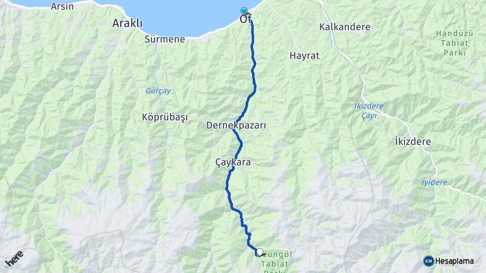 Trabzon Of Uzungöl Çaykara Arası Kaç Km - Yol Haritası