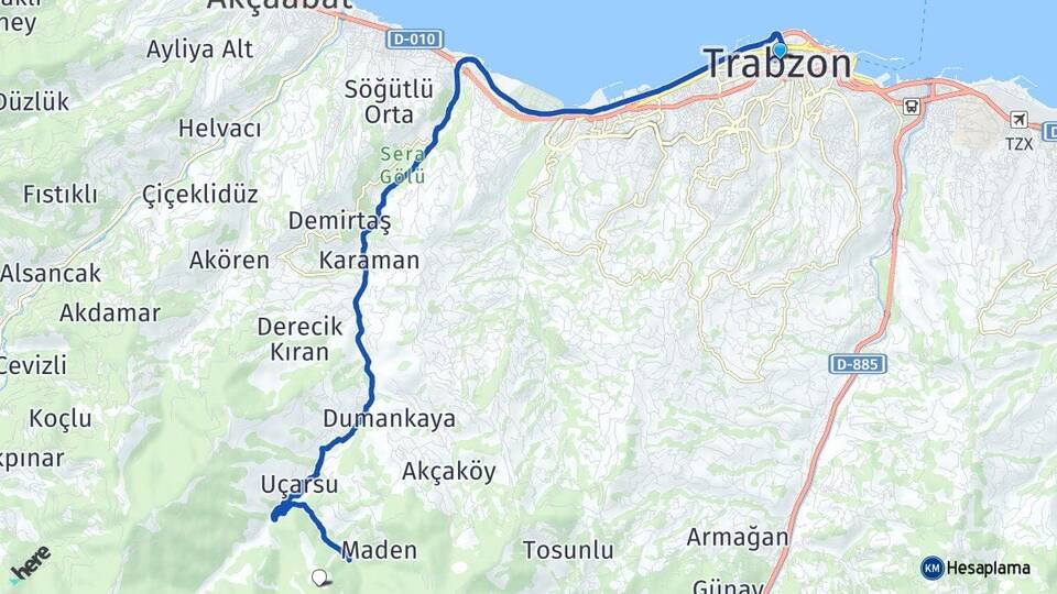 Trabzon Ortahisar Arası Kaç Km - Yol Haritası
