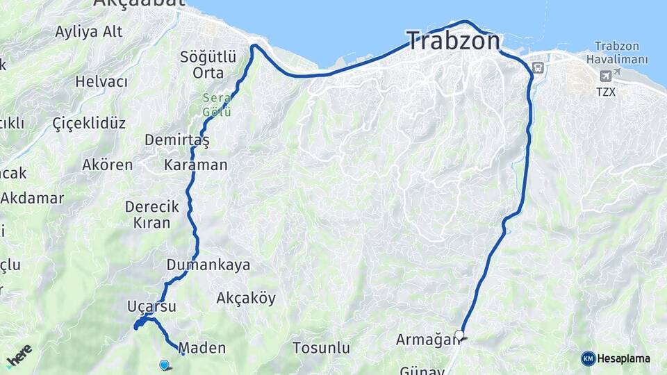Trabzon Ortahisar Çağlayan Ortahisar Arası Kaç Km - Yol Haritası