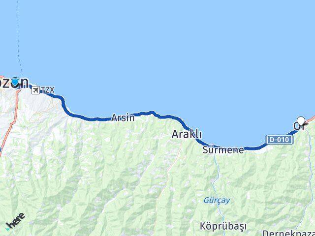 Trabzon Ortahisar Değirmendere Of Arası Kaç Km - Yol Haritası