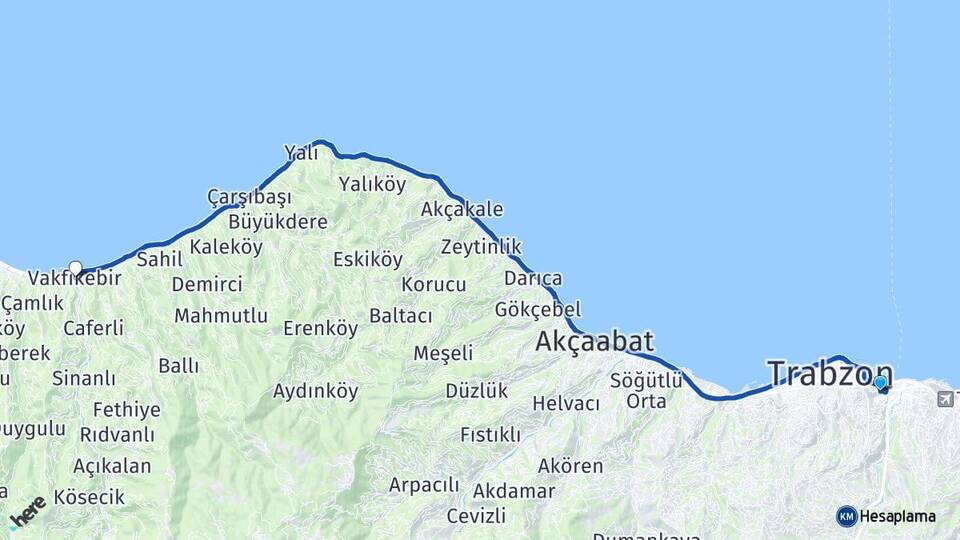 Trabzon Ortahisar Değirmendere Vakfıkebir Arası Kaç Km - Yol Haritası