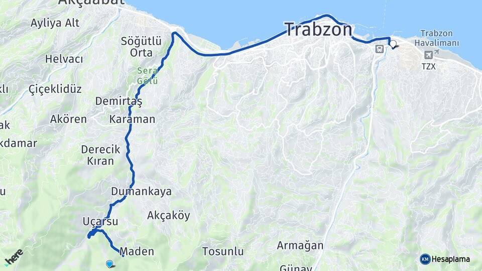 Trabzon Ortahisar Kalkınma Ortahisar Arası Kaç Km - Yol Haritası