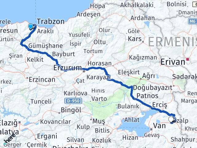 Trabzon Ortahisar Özalp Van Arası Kaç Km - Yol Haritası