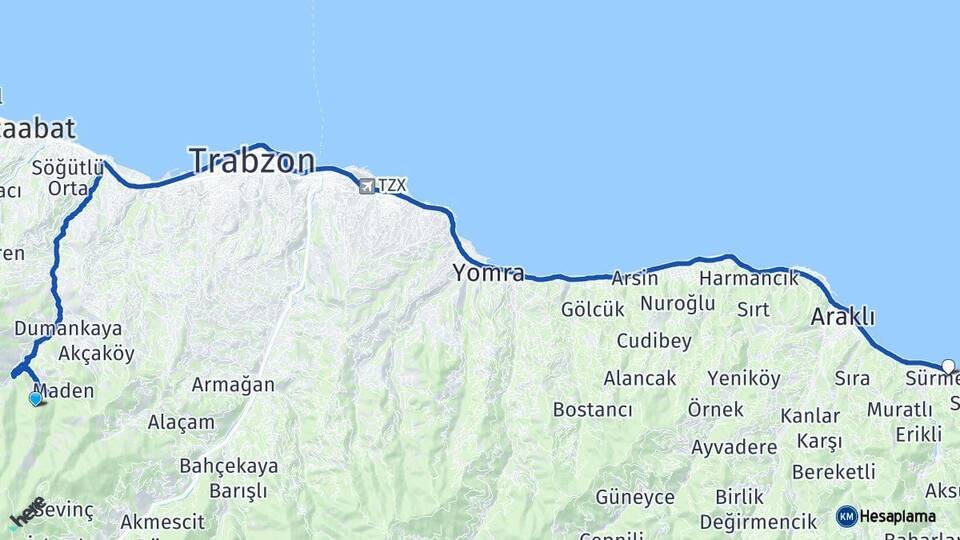 Trabzon Ortahisar Sürmene Arası Kaç Km - Yol Haritası