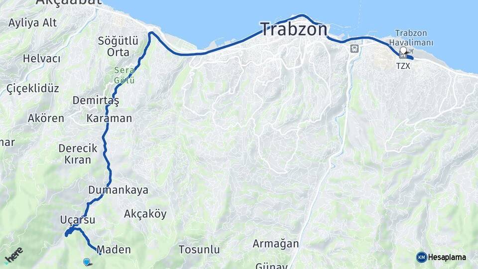 Trabzon Ortahisar Trabzon Havalimanı Arası Kaç Km - Yol Haritası
