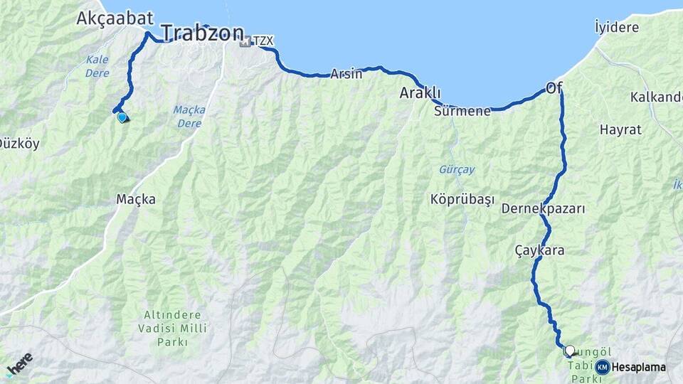 Trabzon Ortahisar Uzungöl Çaykara Arası Kaç Km - Yol Haritası