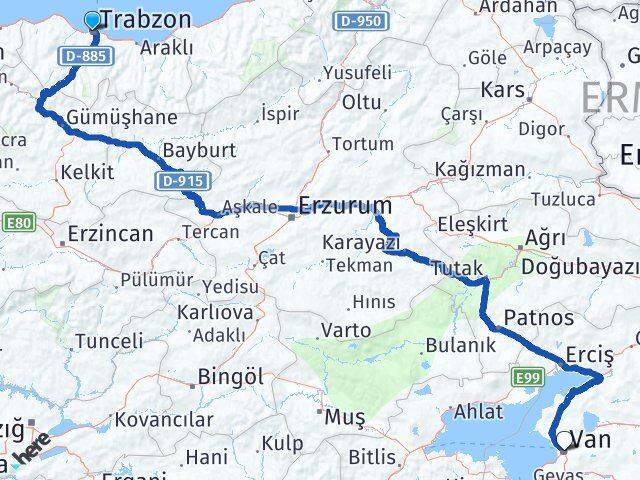 Trabzon Ortahisar Van Arası Kaç Km - Yol Haritası