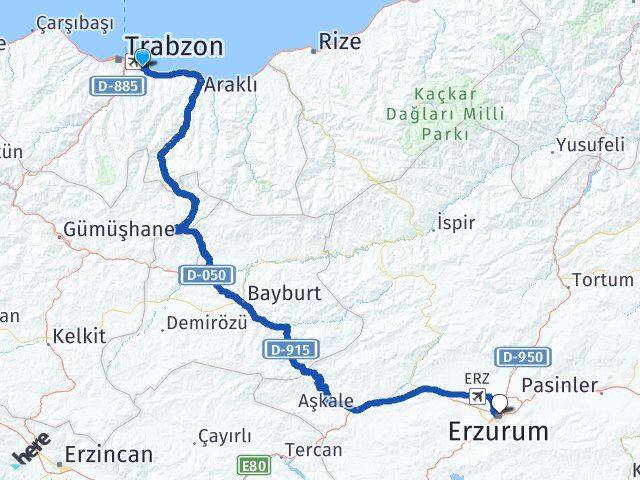 Trabzon Ortahisar Yalıncak Erzurum Arası Kaç Km - Yol Haritası