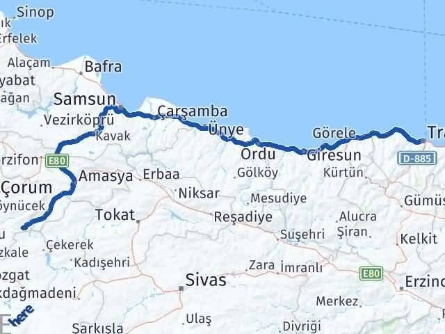 Trabzon Ortaköy Çorum Arası Kaç Km - Yol Haritası