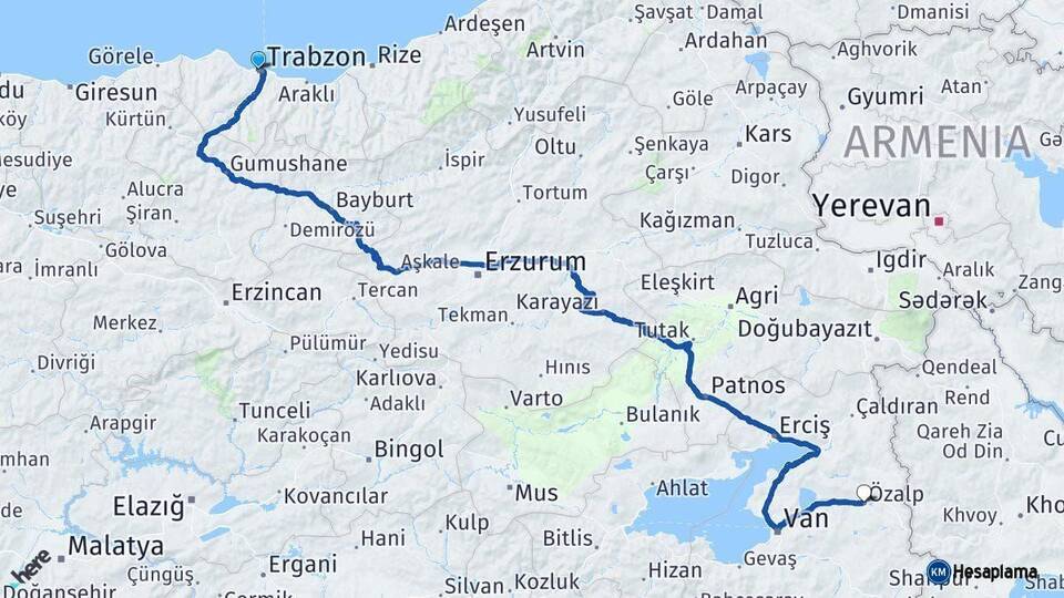Trabzon Özalp Van Arası Kaç Km - Yol Haritası