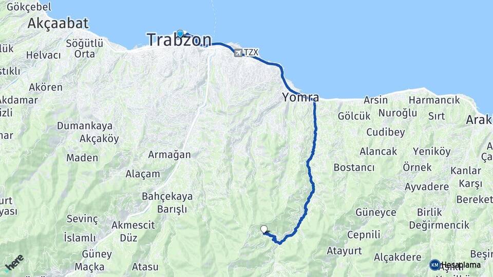 Trabzon Özdil Yomra Arası Kaç Km - Yol Haritası