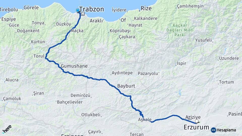 Trabzon Palandöken Erzurum Arası Kaç Km - Yol Haritası