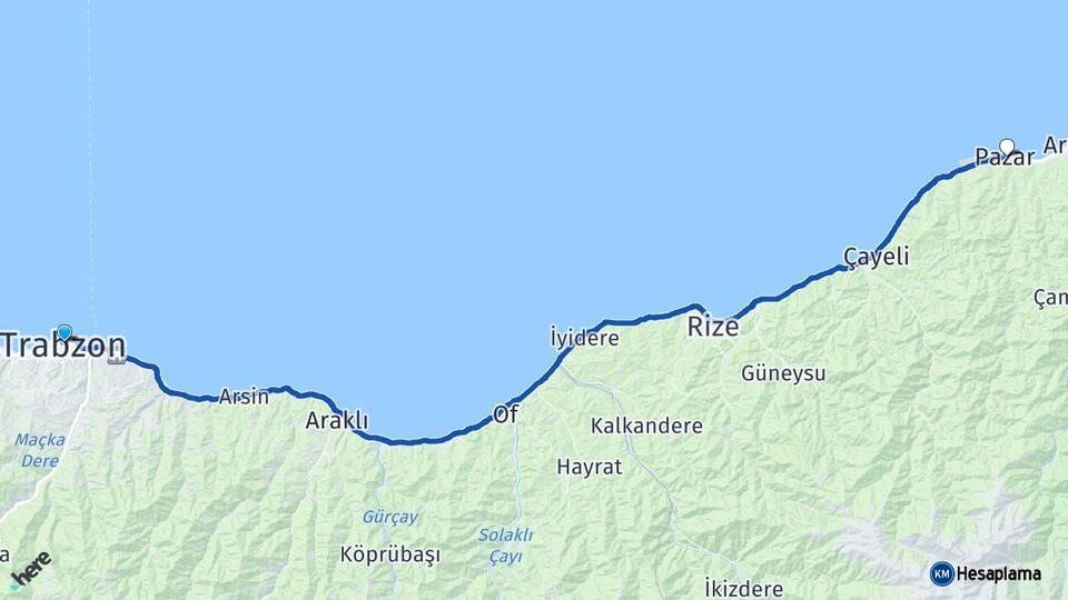 Trabzon Pazar Rize Arası Kaç Km - Yol Haritası