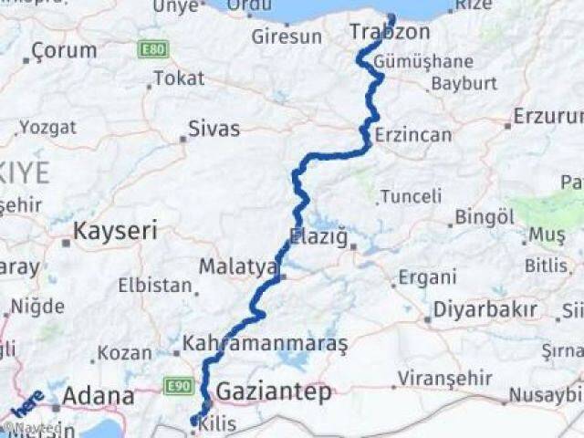 Trabzon Polateli Kilis Arası Kaç Km - Yol Haritası