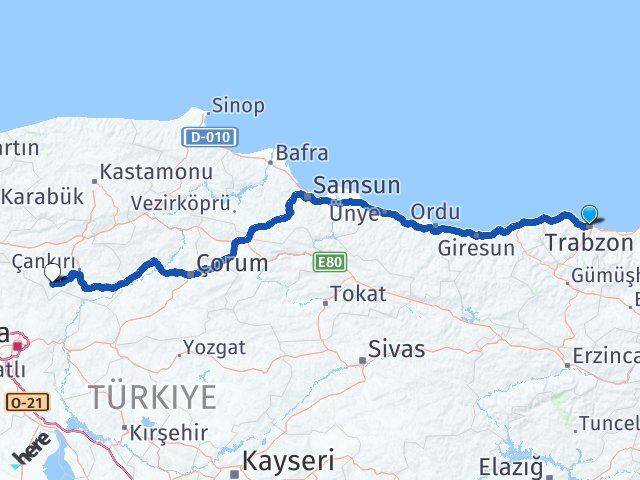 Trabzon Şabanözü Çankırı Arası Kaç Km - Yol Haritası