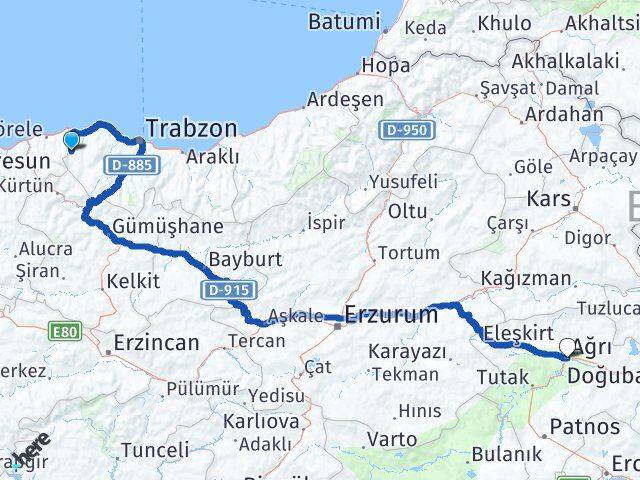 Trabzon Şalpazarı Ağrı Arası Kaç Km - Yol Haritası