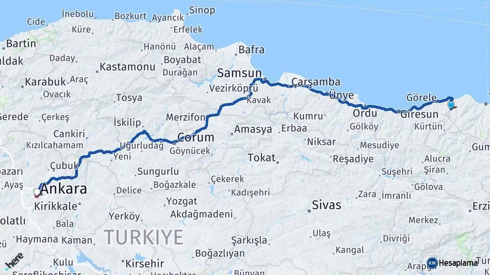Trabzon Şalpazarı Ankara Arası Kaç Km - Yol Haritası