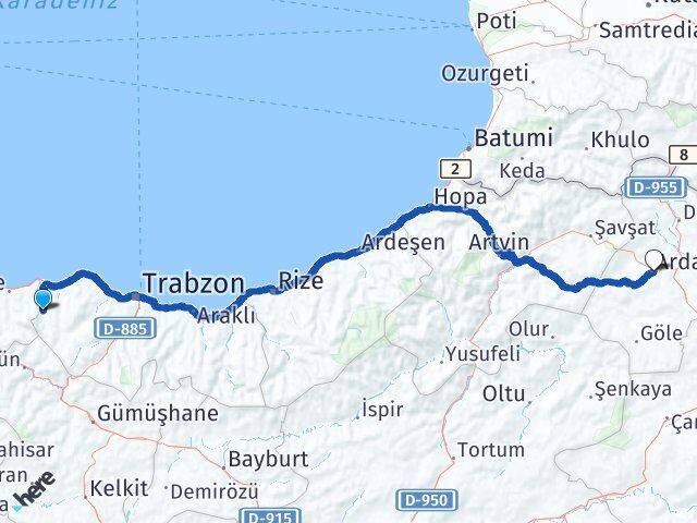Trabzon Şalpazarı Ardahan Arası Kaç Km - Yol Haritası
