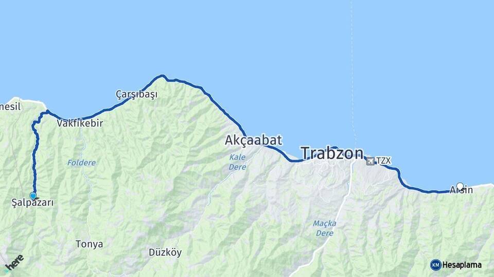 Trabzon Şalpazarı Arsin Arası Kaç Km - Yol Haritası