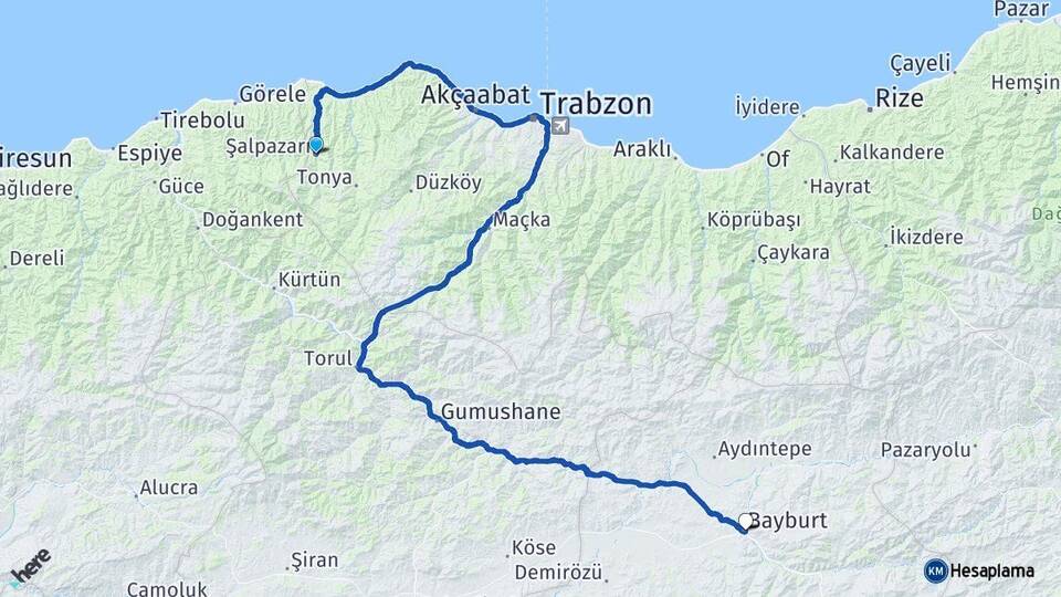 Trabzon Şalpazarı Bayburt Arası Kaç Km - Yol Haritası