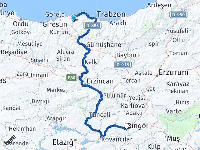 Trabzon Şalpazarı Bingöl Arası Kaç Km - Yol Haritası