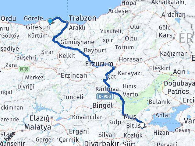 Trabzon Şalpazarı Bitlis Arası Kaç Km - Yol Haritası