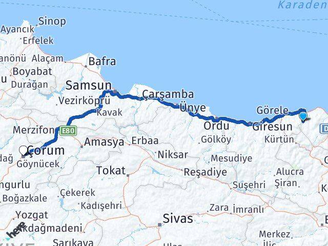 Trabzon Şalpazarı Çorum Arası Kaç Km - Yol Haritası