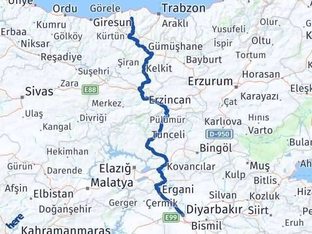 Trabzon Şalpazarı Diyarbakır Arası Kaç Km - Yol Haritası