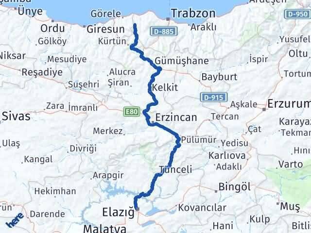 Trabzon Şalpazarı Elazığ Arası Kaç Km - Yol Haritası