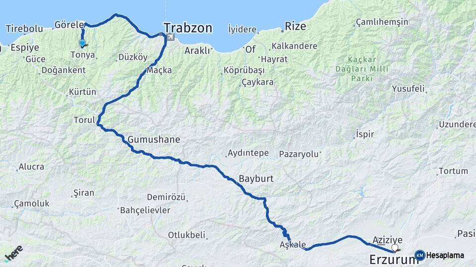 Trabzon Şalpazarı Erzurum Arası Kaç Km - Yol Haritası