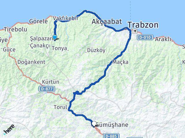 Trabzon Şalpazarı Gümüşhane Arası Kaç Km - Yol Haritası