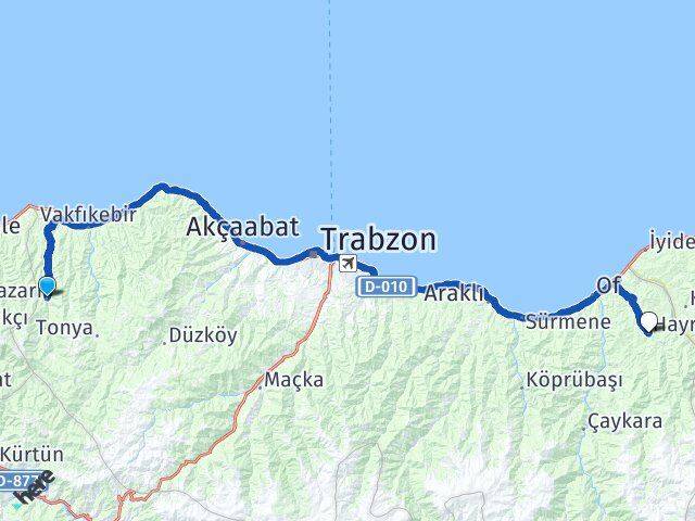 Trabzon Şalpazarı Hayrat Arası Kaç Km - Yol Haritası