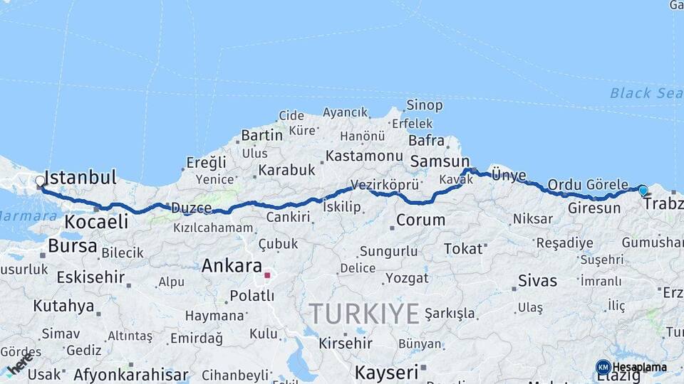 Trabzon Şalpazarı İstanbul Arası Kaç Km - Yol Haritası