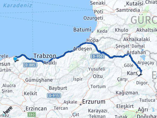 Trabzon Şalpazarı Kars Arası Kaç Km - Yol Haritası