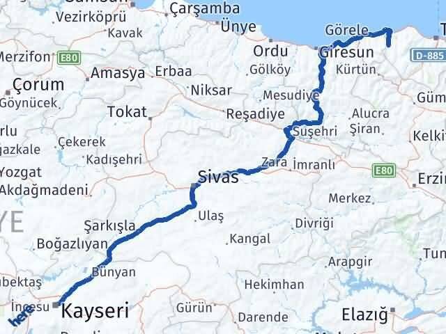 Trabzon Şalpazarı Kayseri Arası Kaç Km - Yol Haritası