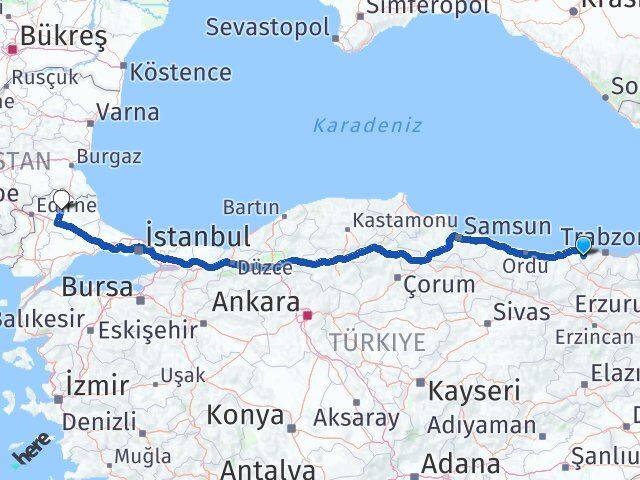 Trabzon Şalpazarı Kırklareli Arası Kaç Km - Yol Haritası